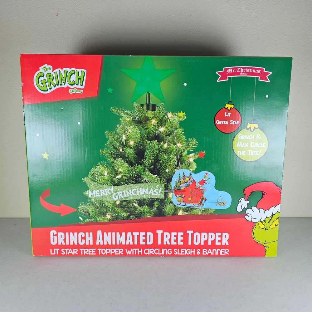 NEW!! Mr. Christmas‎ Animated Dr. Seuss Grinch Sleigh Tree Topper with LED Star